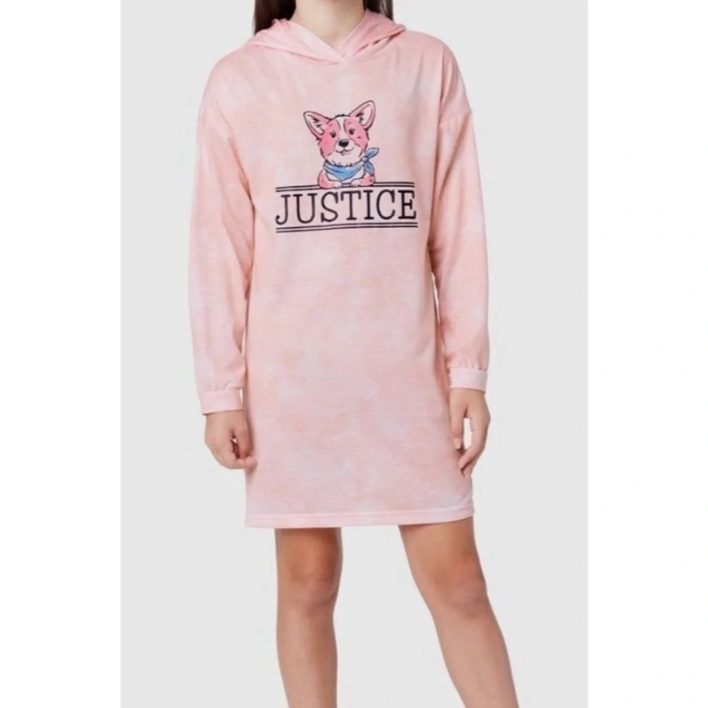 Justice Pink Hoodie Dress Sleep Gown with Dog Print